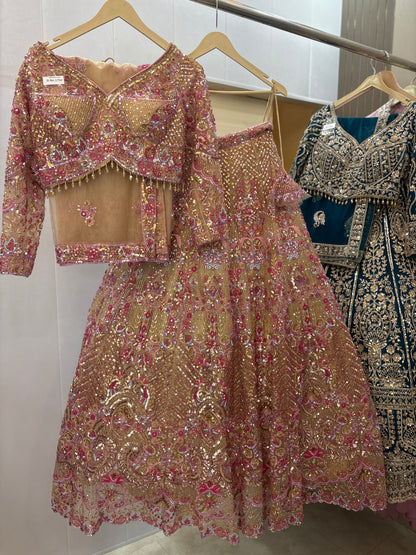 Stunning beige pink beads crop top Lehenga