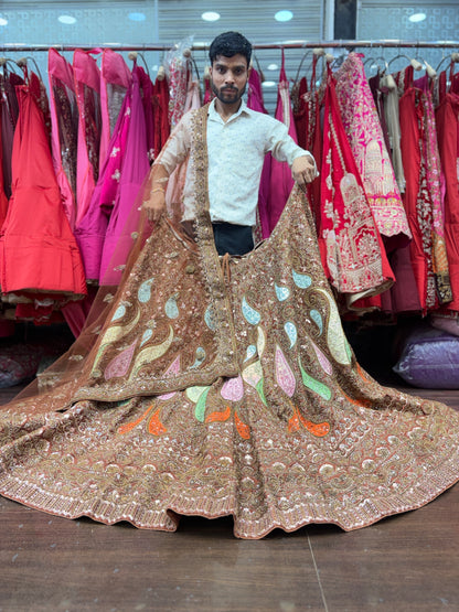 Awesome mustard zardozi dabka handwork handmade bridal Lehenga