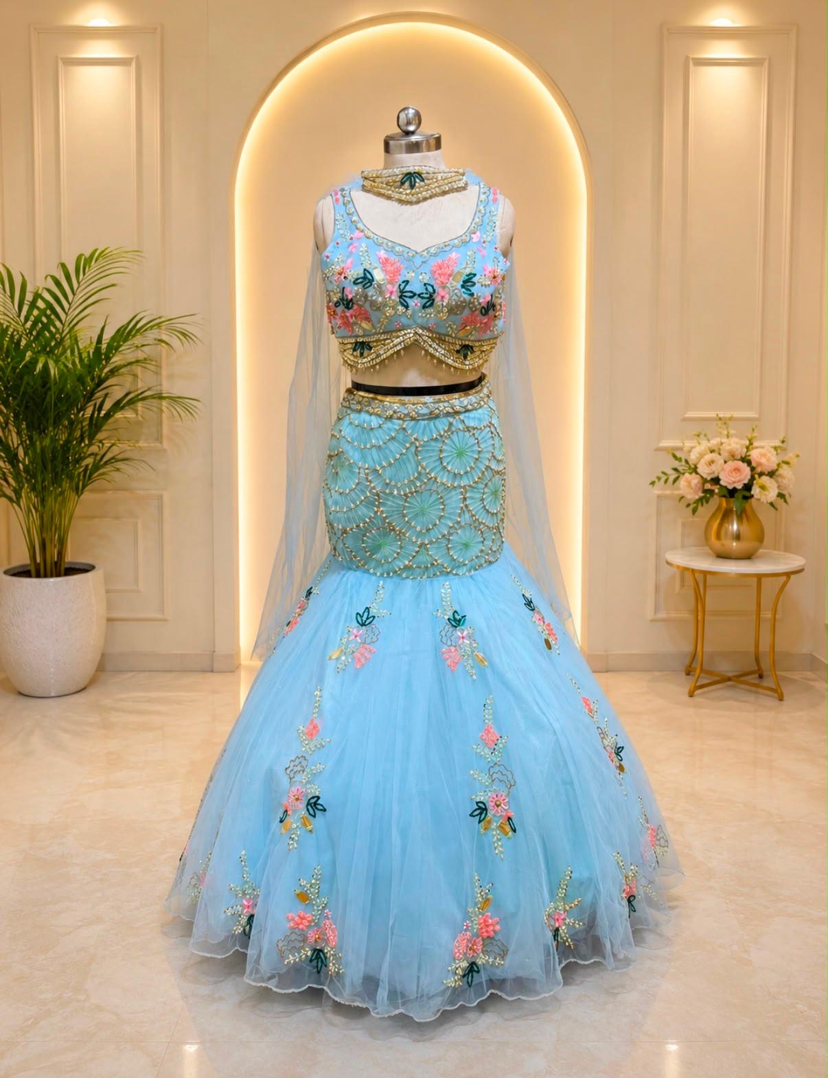 Blue pink white fish cut crop top Lehenga