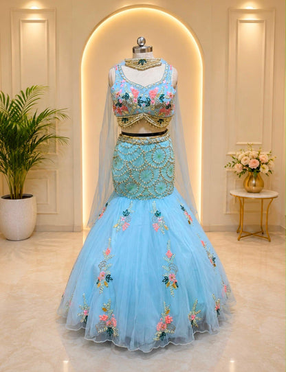 Blue pink white fish cut crop top Lehenga