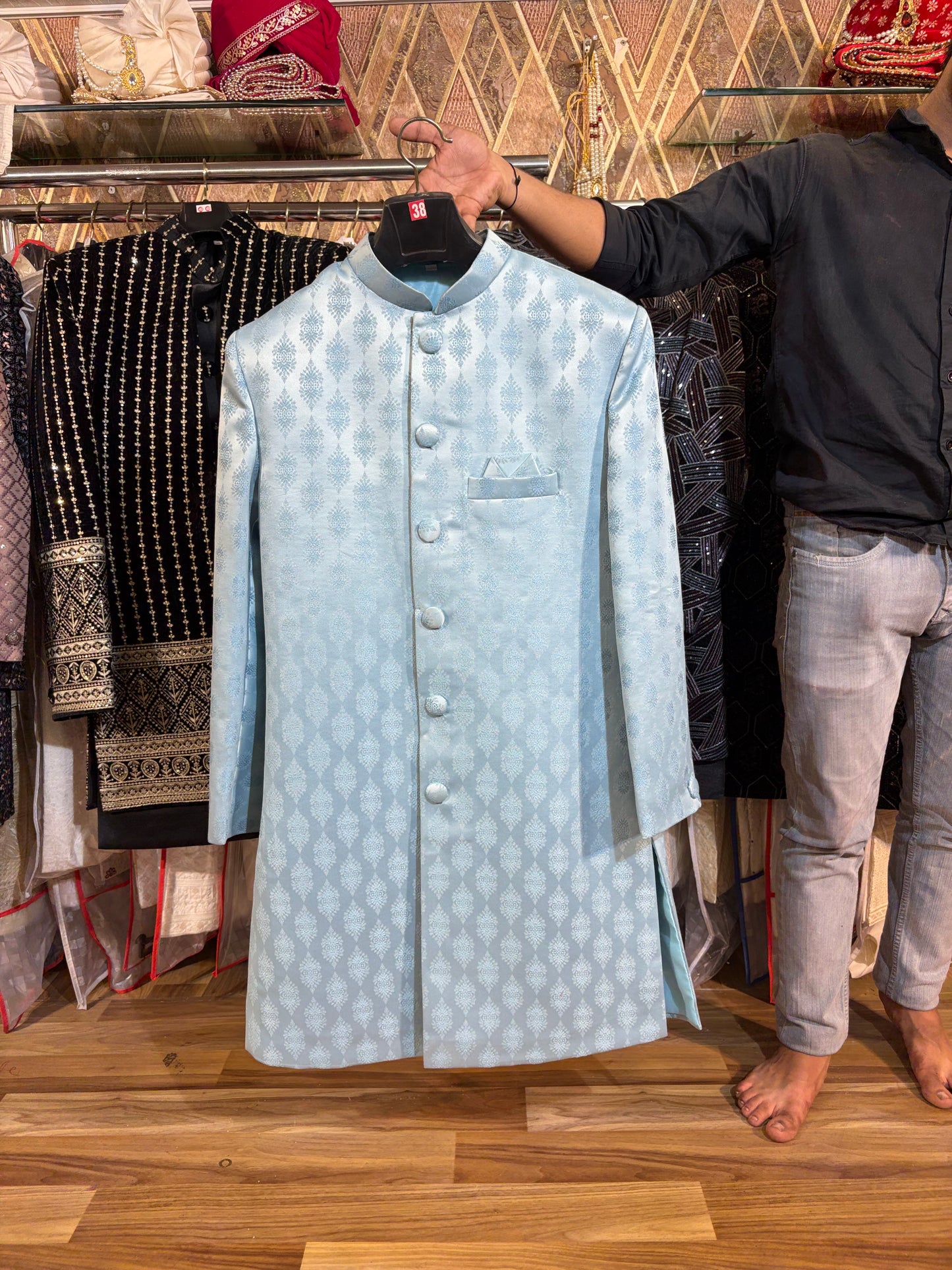 Sky Blue Jodhpuri indo western blazer kurta Sherwani