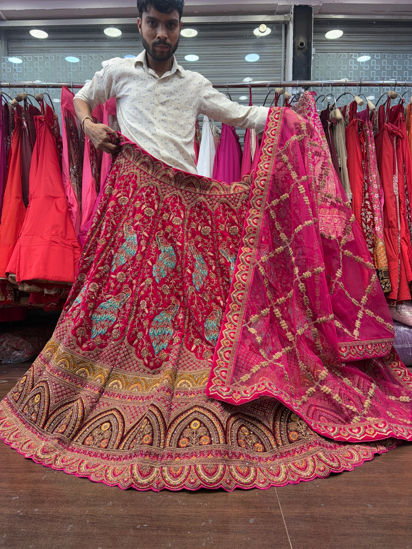 Fantastic Rani pink peacock handwork handmade bridal Lehenga