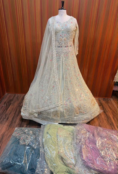 White pista color cream color crop top Lehenga