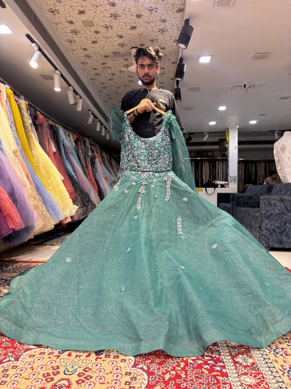Designer green gown huge flair