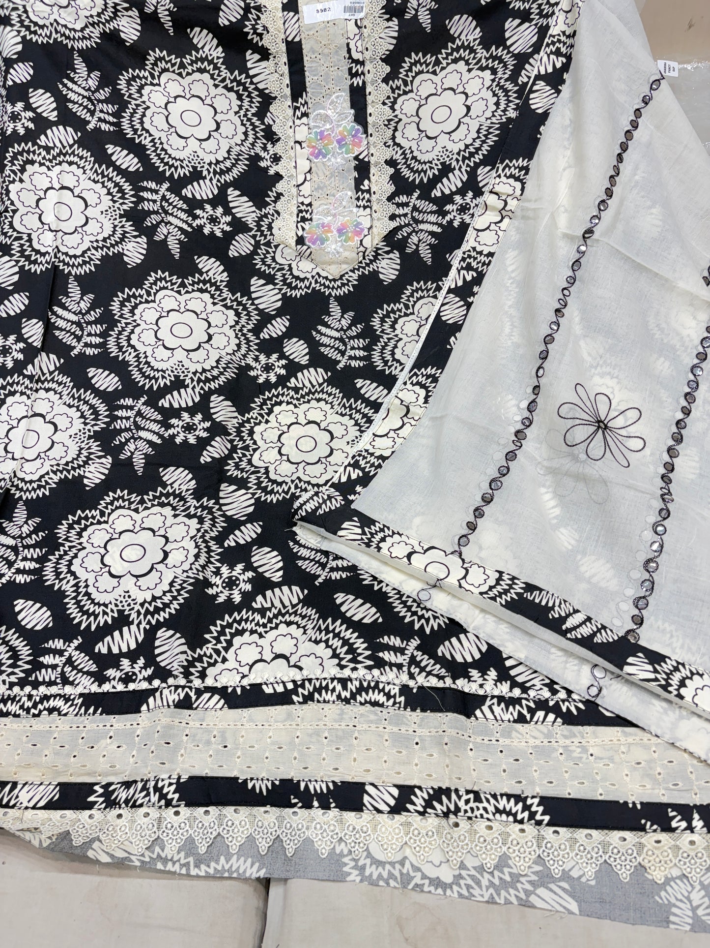 Elegant black white cotton unstitched suit ( free size )