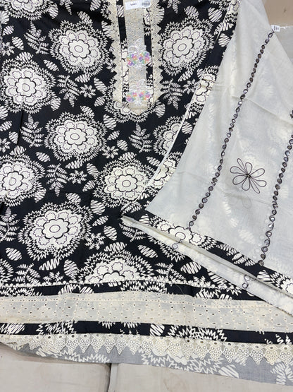 Elegant black white cotton unstitched suit ( free size )