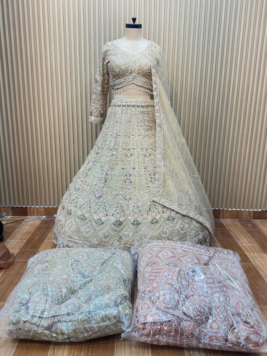 Golden pink mint green Crop top Lehenga