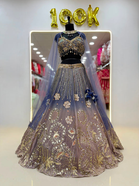 Blue Pink Crop Top Lehenga