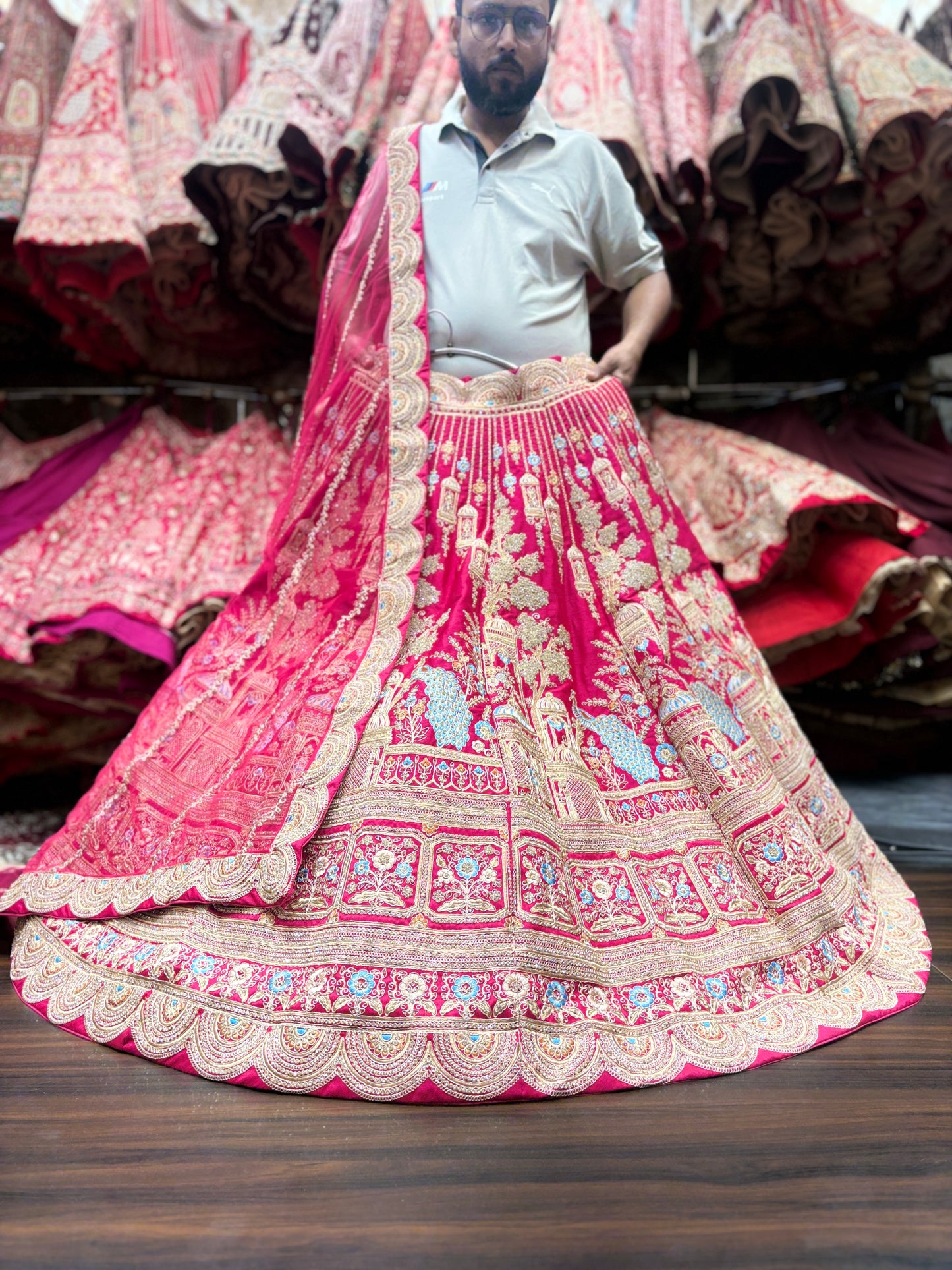 Glamorous peacock red bridal Lehenga