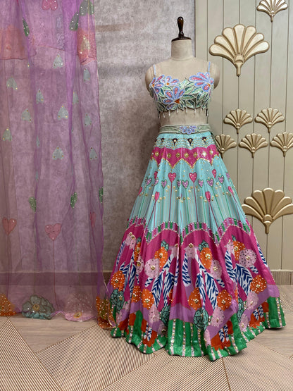 Blue pink crop top lehenga
