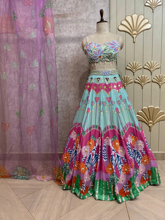 Blue pink crop top lehenga