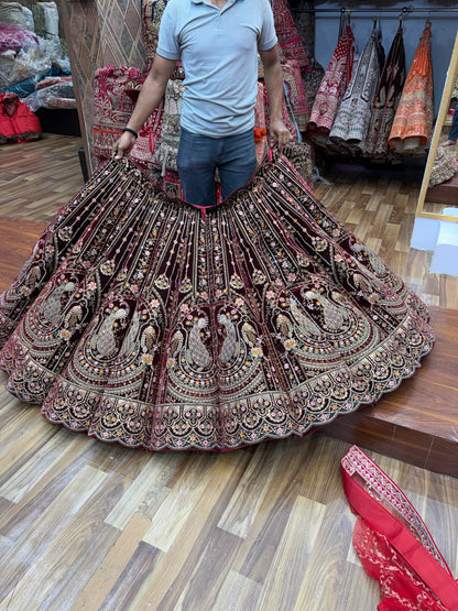 Dark Maroon Peacock Designer ball Bridal Lehenga