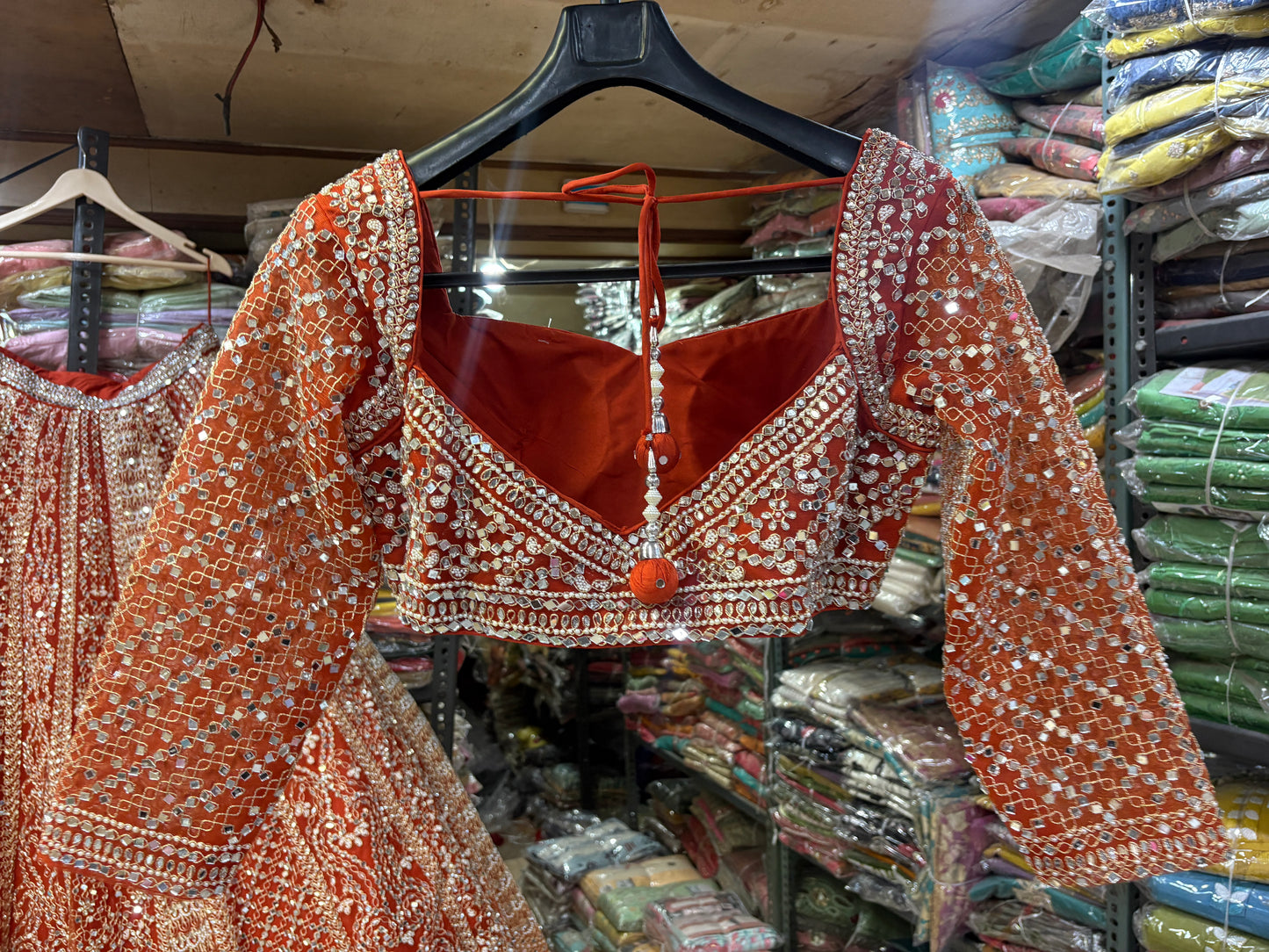 Astonishing Orange Ready to wear Mirror work Crop Top Lehenga