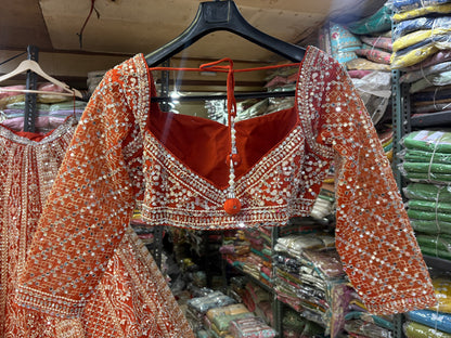 Astonishing Orange Ready to wear Mirror work Crop Top Lehenga