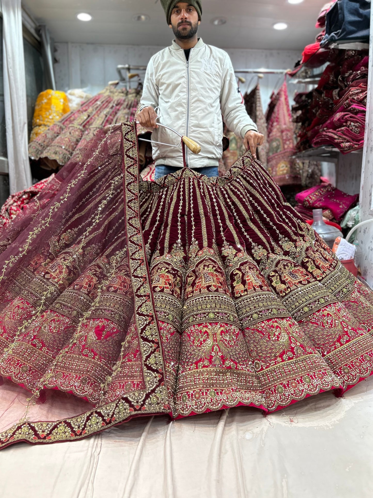 Eye catching maroon doli Barat peacock ball bridal huge flare lehenga