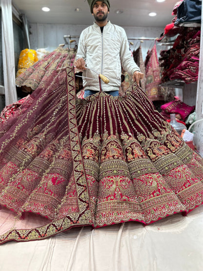 Eye catching maroon doli Barat peacock ball bridal huge flare lehenga