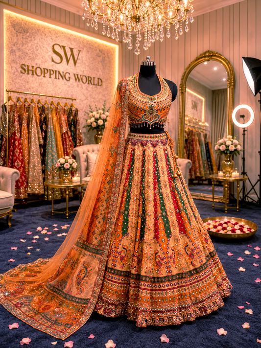 Peach Mustard Green Pdp Crop Top Lehenga