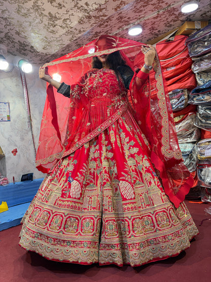 Pretty red handwork peacock bridal Lehenga