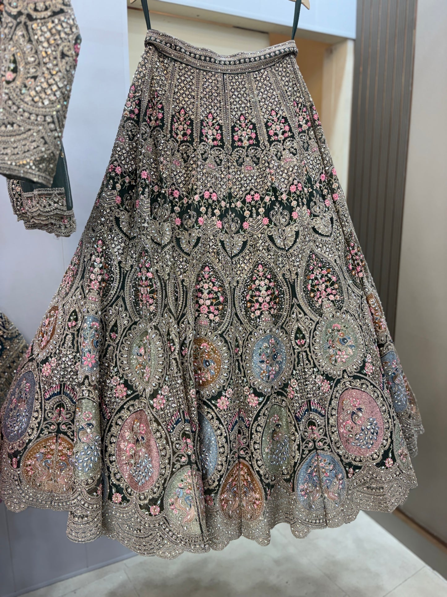 Fantastic beige peach circle peacock crop top Lehenga