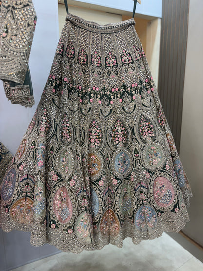 Fantastic beige peach circle peacock crop top Lehenga