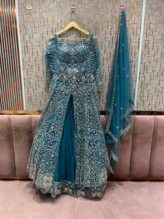 Blue Farshi Garara Muslim Special Long Peplum Dress Lehenga