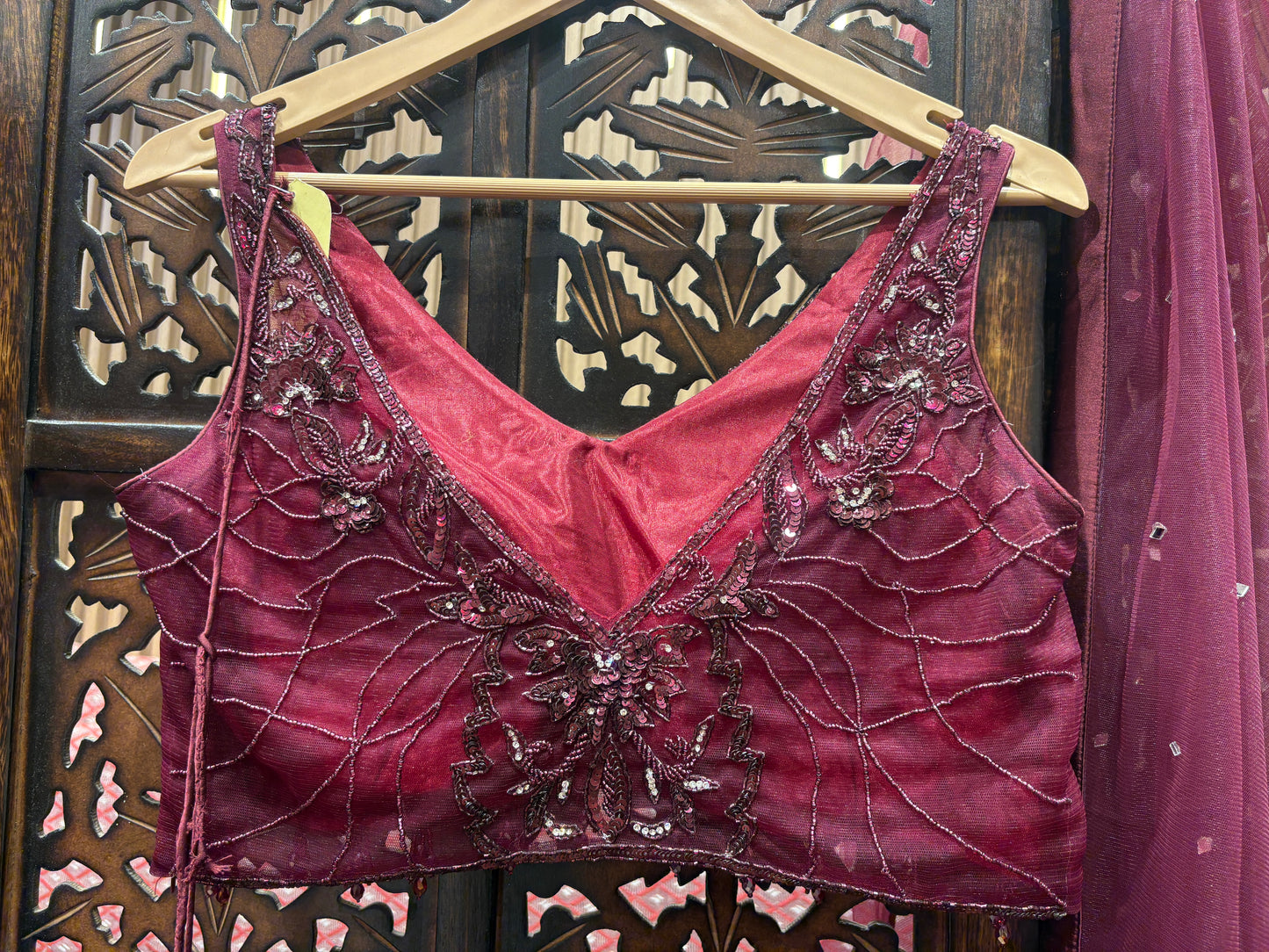 Embellished wine purple violet crop top Lehenga