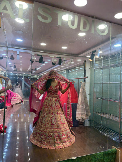 Glamorous red rani pink peacock bridal Lehenga