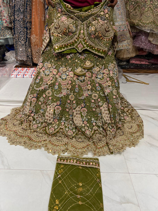 Green Peacock Crop Top Lehenga