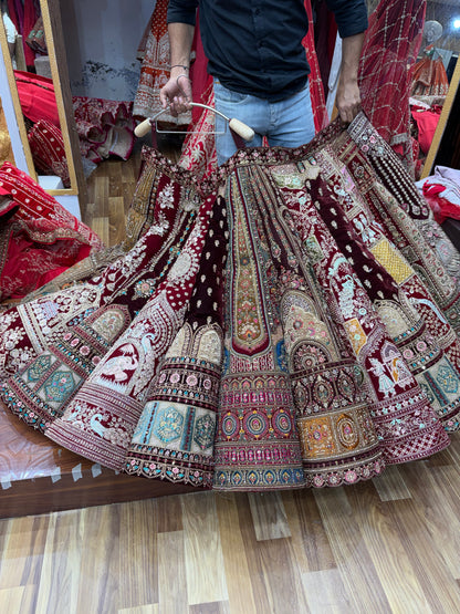Maroon Multikali Ball Bridal Lehenga