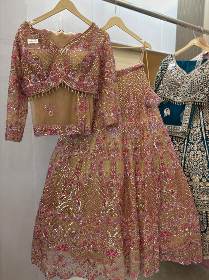 Stunning beige pink beads crop top Lehenga