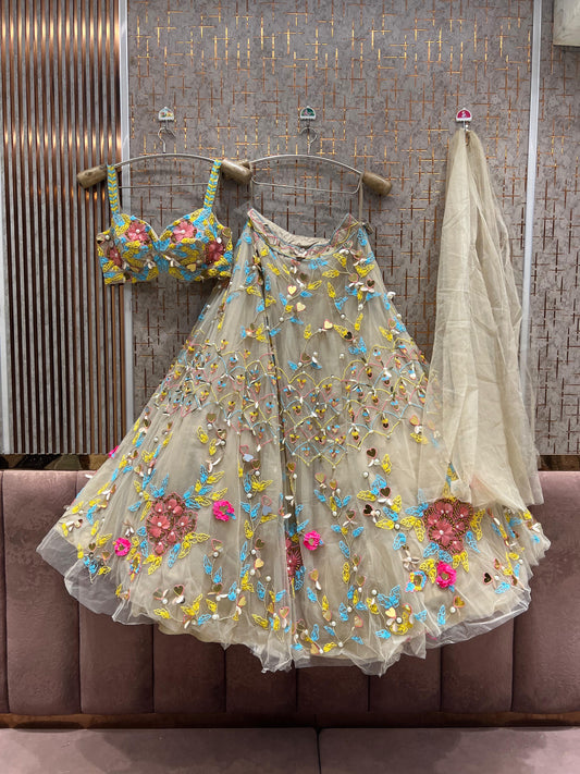 Beige Golden Pdp Crop Top Lehenga