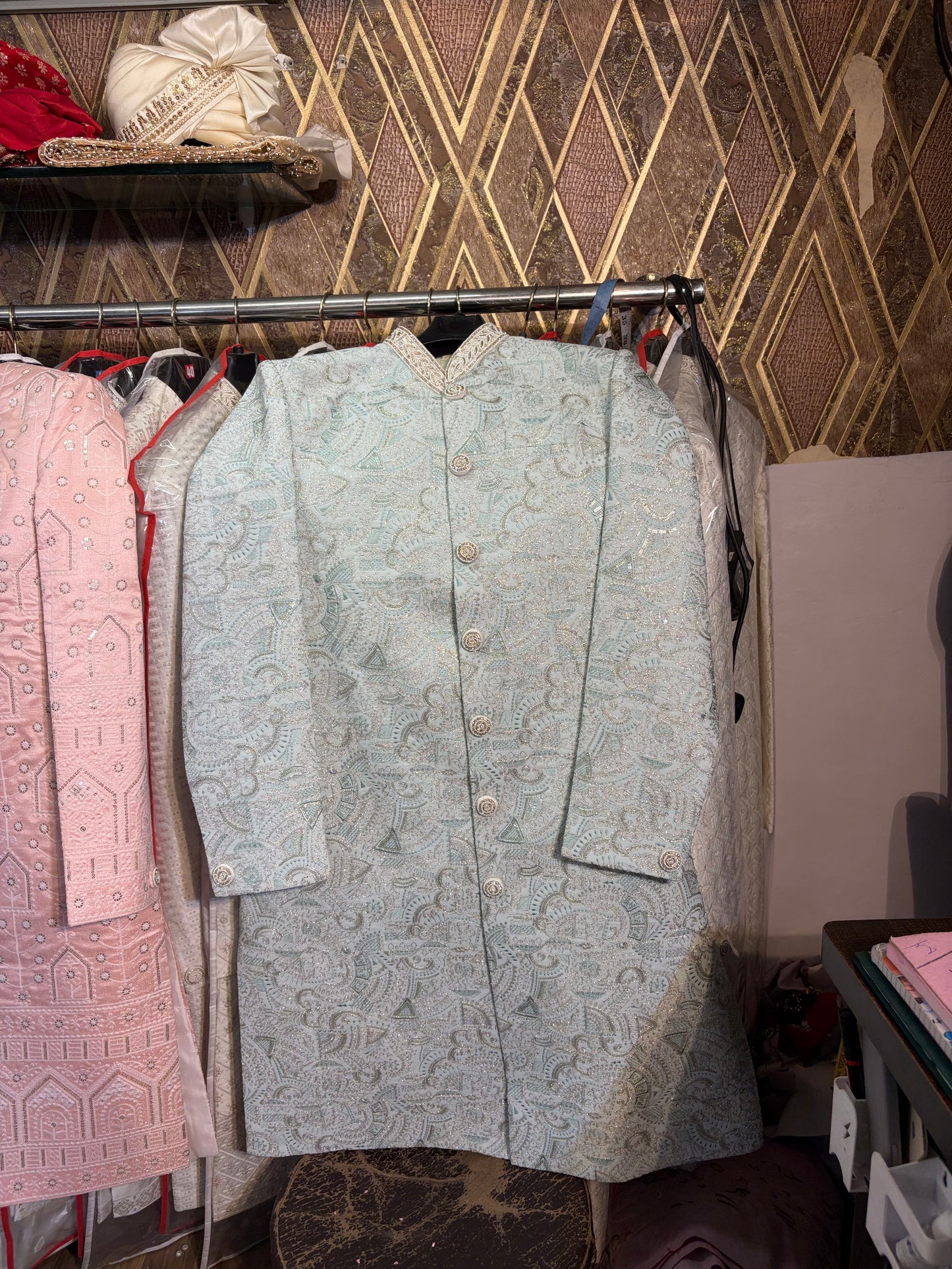 Sky blue green Jodhpuri indo western blazer kurta Sherwani