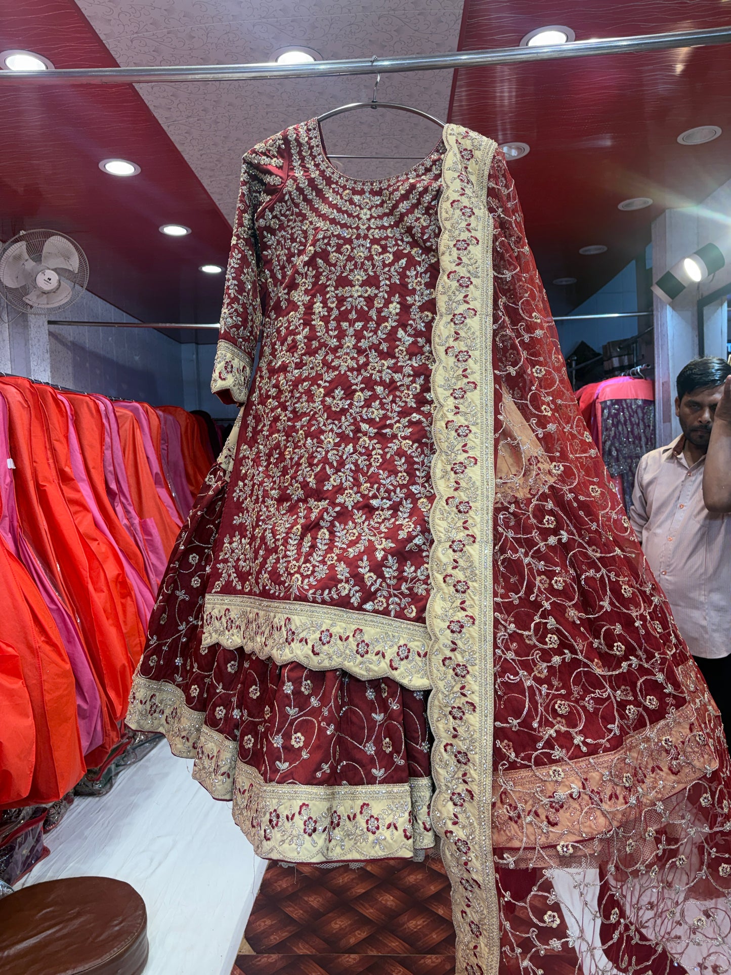 Elegant maroon farshi gharara zardozi dabka handwork peplum dress lehenga