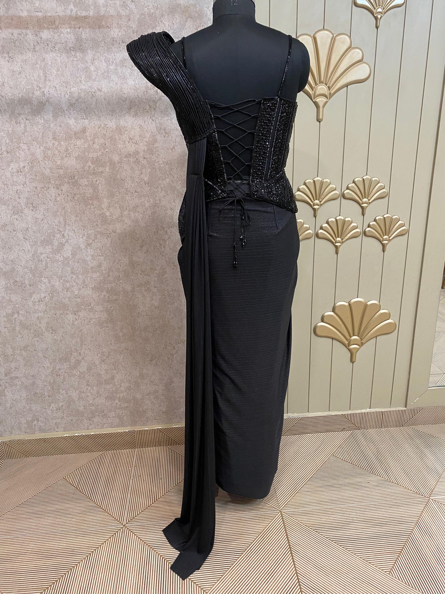 Black Designer Ready To Wear Drape Saree