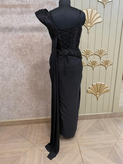 Black Designer Ready To Wear Drape Saree