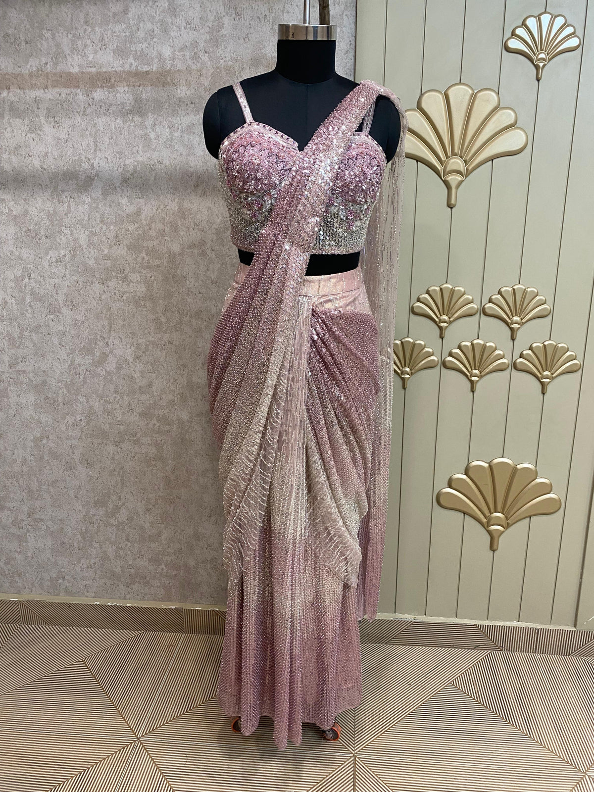 Pink Designer Ready To Wear Drape Saree