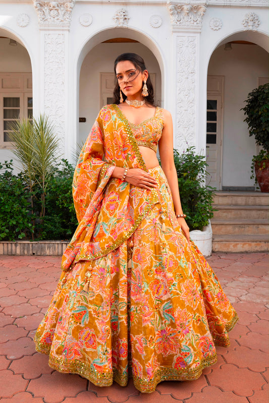 Mustard Pink Yellow Crop Top Lehenga