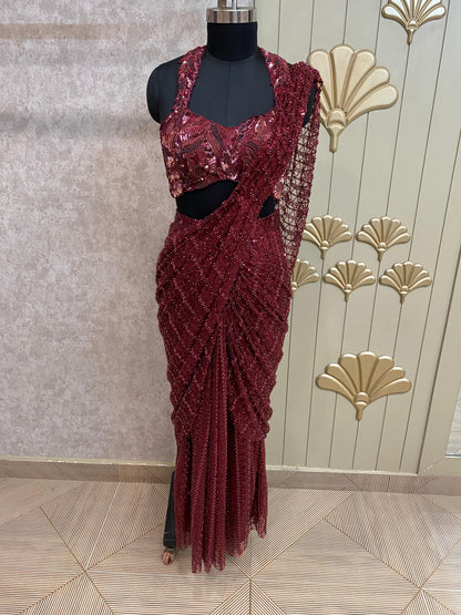Red Designer Ready To Wear Drape Saree