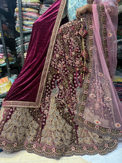 Pleasing wine pink peacock Bridal Lehenga