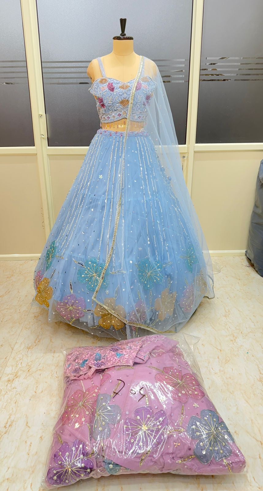 Blue pink crop top Lehenga
