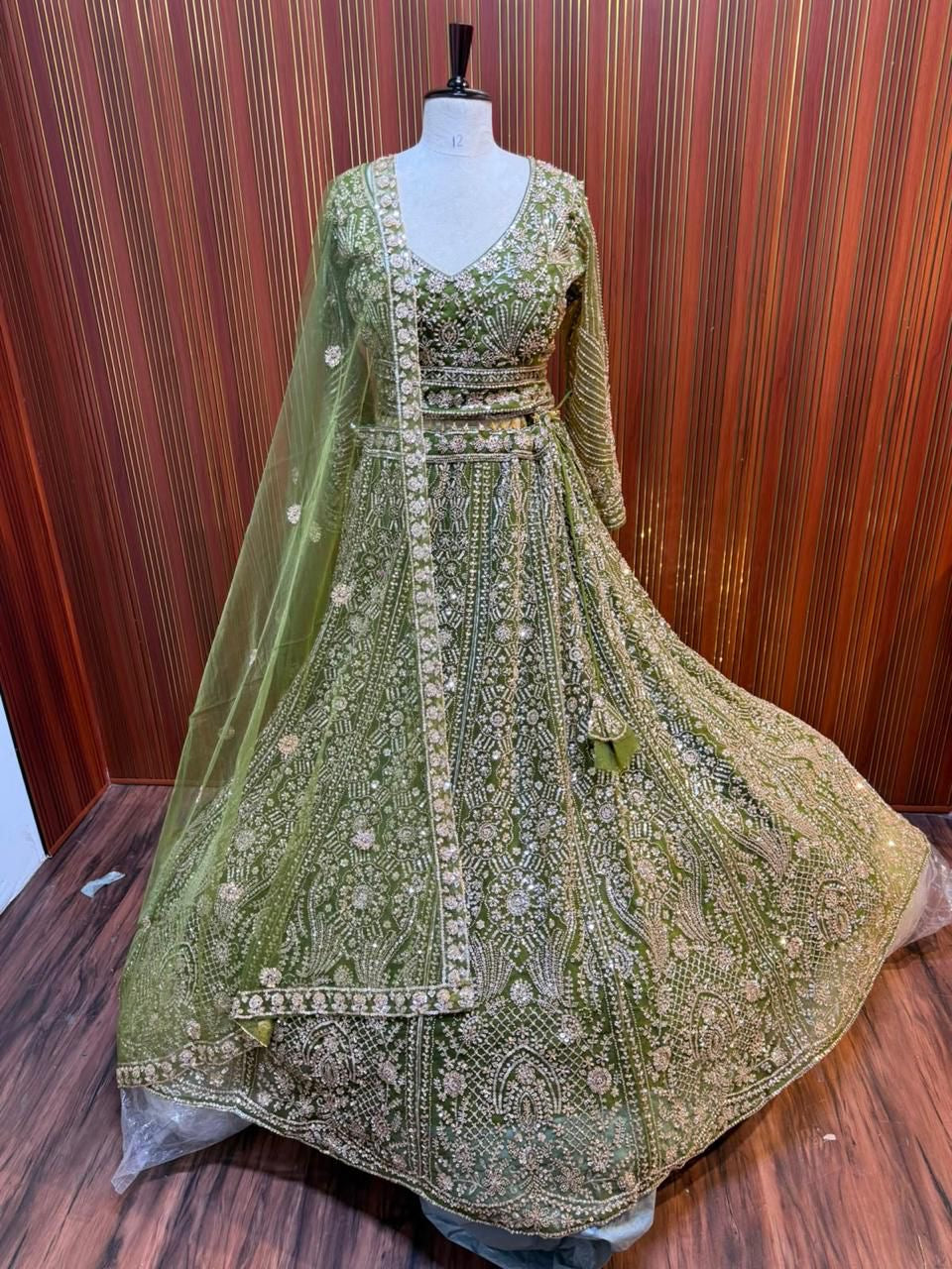 Green brown crop top Lehenga