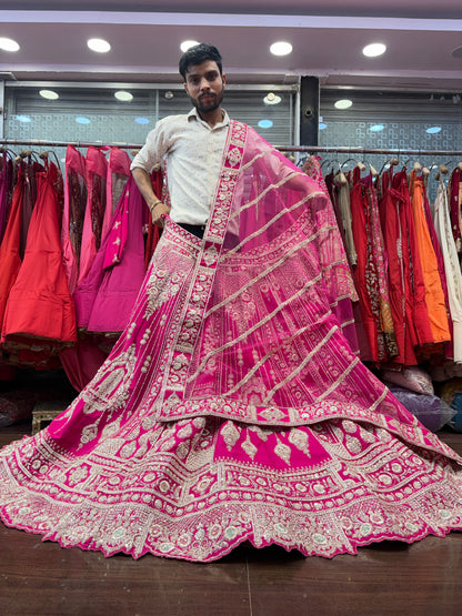 Lavishing Rani pink zardozi dabka handwork handmade bridal Lehenga
