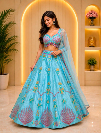 Blue pink crop top Lehenga