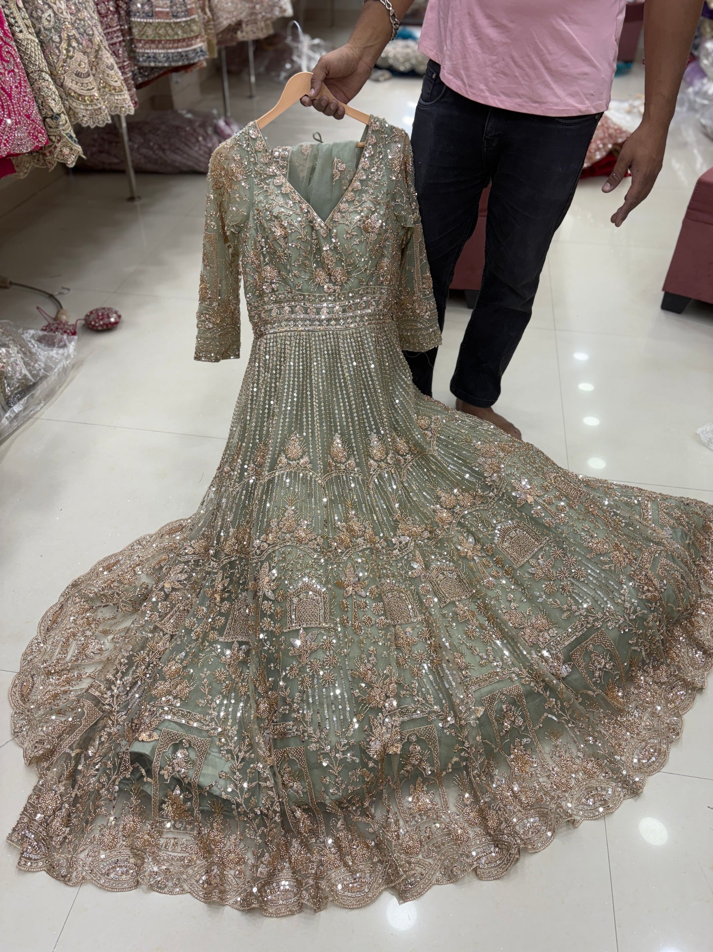 Khoobsurat Pista green Peplum Dress Lehenga