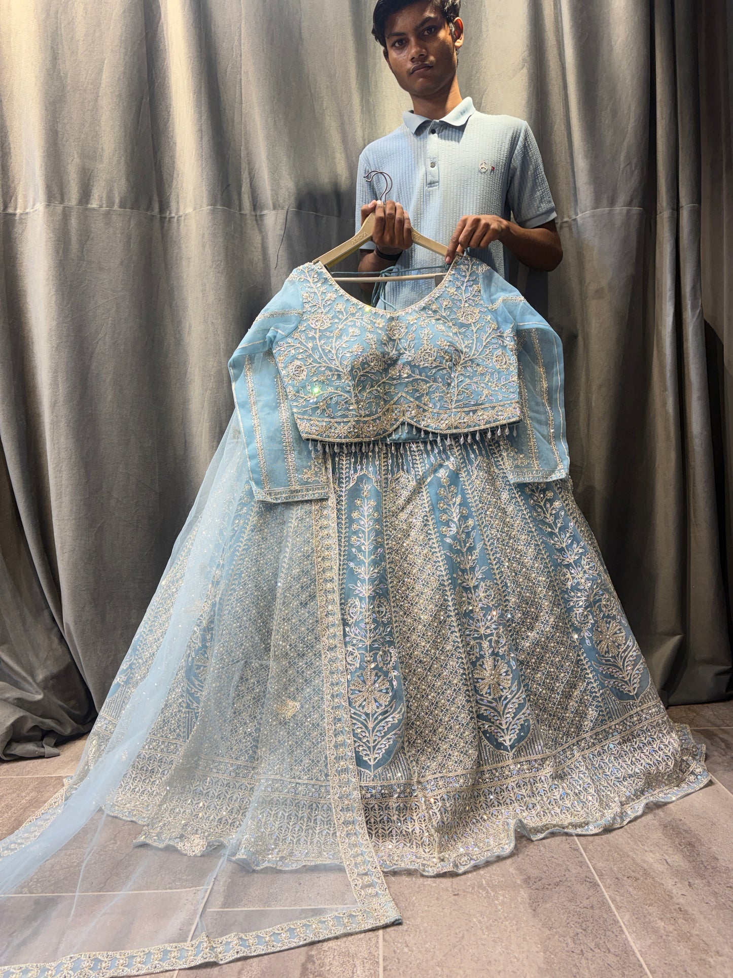 Astonishing Sky blue Crop Top Lehenga