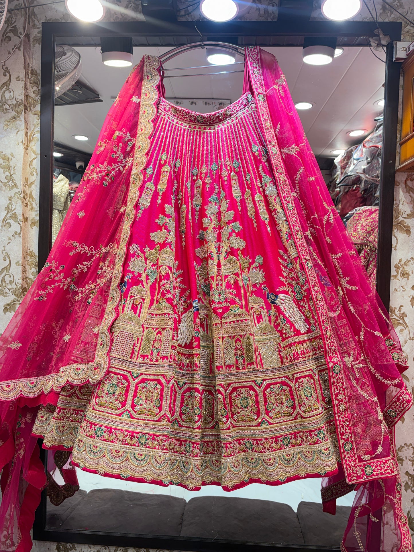 Fabulous rani pink peacock handwork bridal Lehenga
