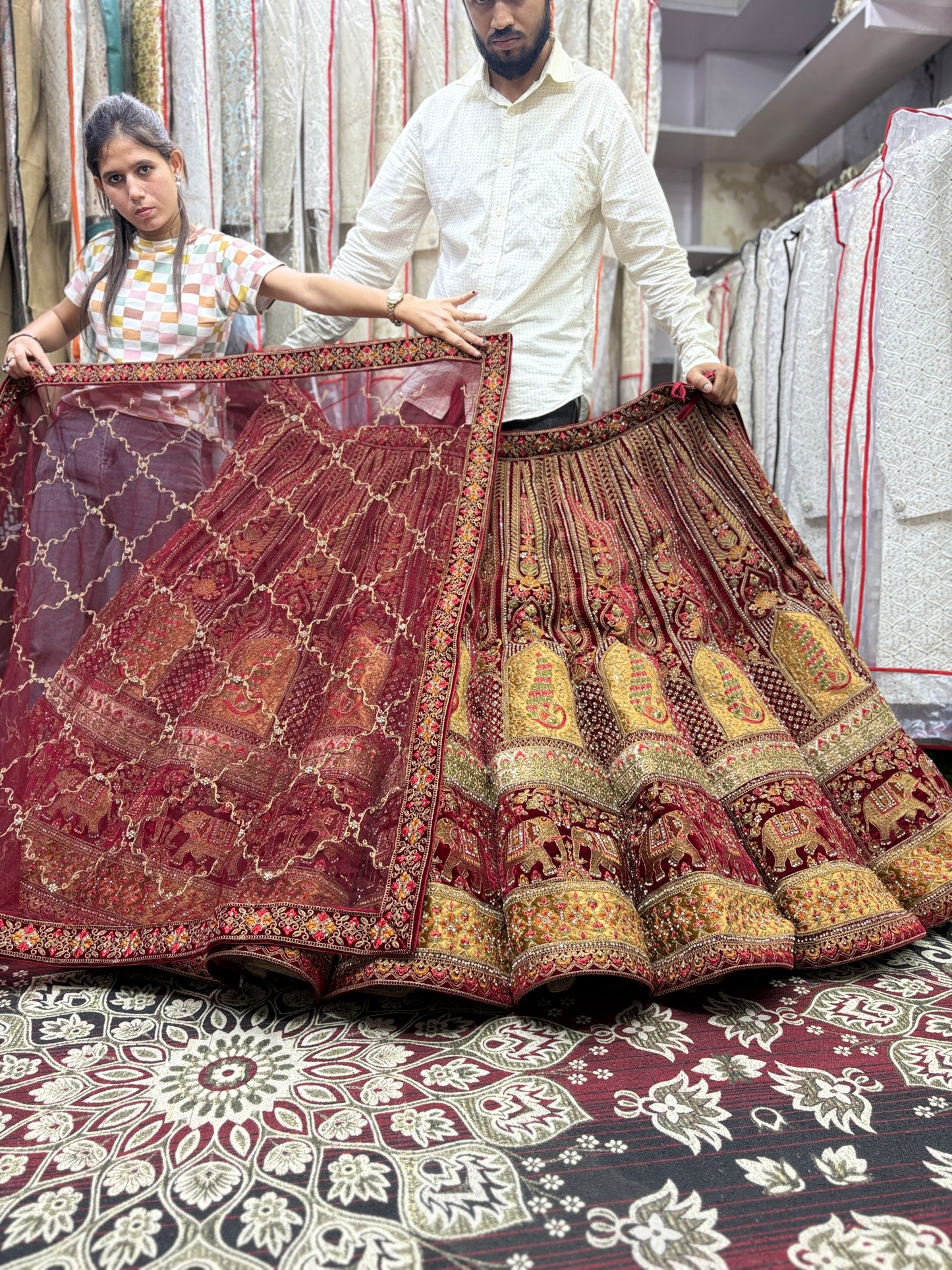 Embellished maroon peacock ball bridal Lehenga