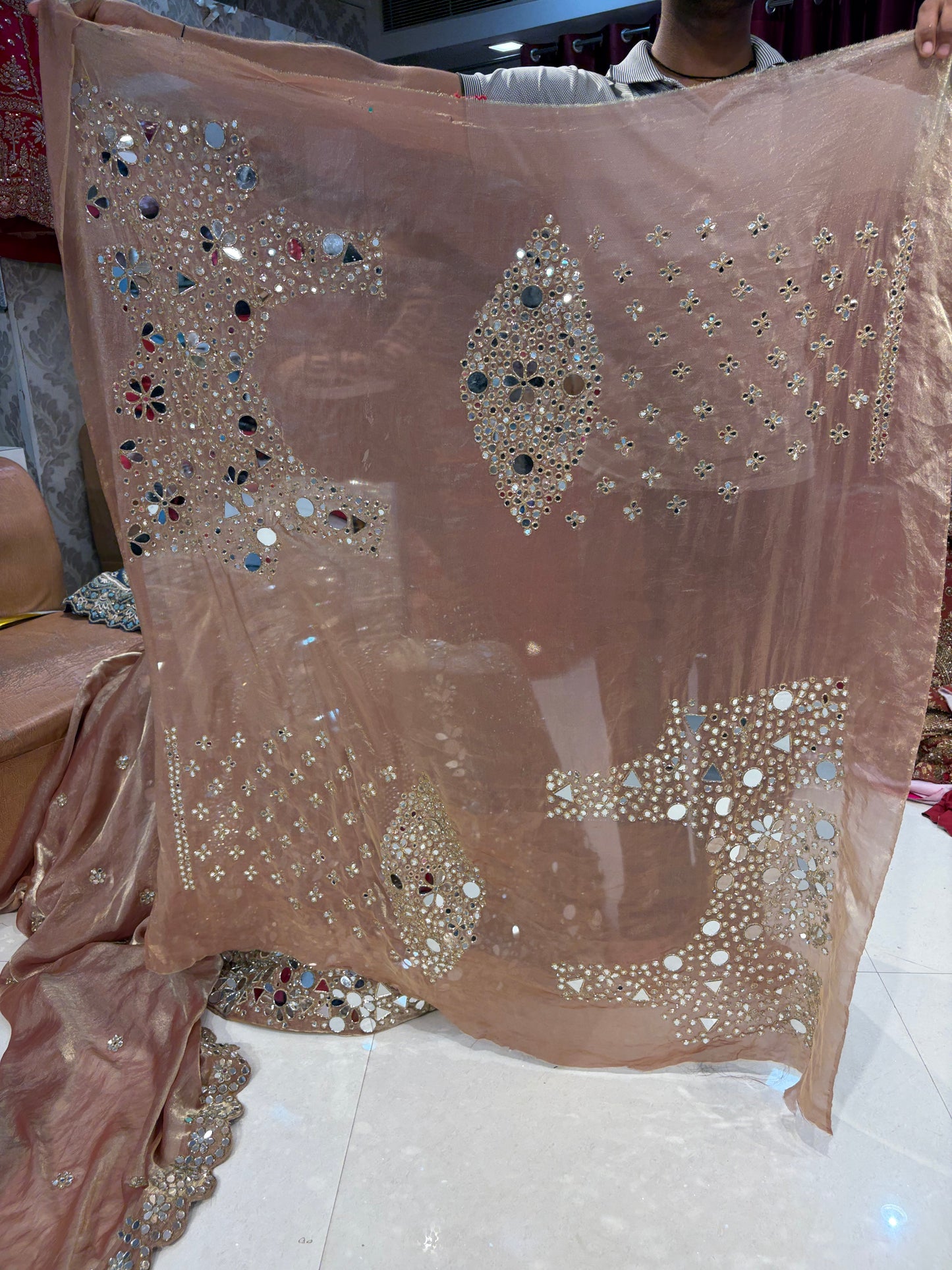 गोल्डन पीच मिरर हैंडवर्क लहंगा