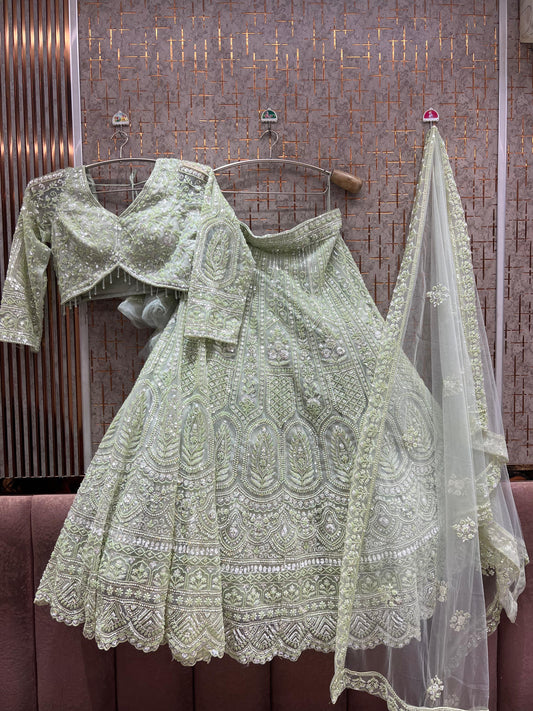 Off white white green pink crop top Lehenga