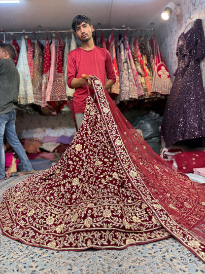 Pretty maroon bridal Lehenga handwork zardozi dabka